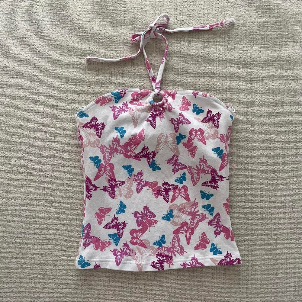 Vintage Y2K Energie Butterfly Print Halter Tie Top